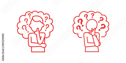 Thinking man with question marks cloud character red line