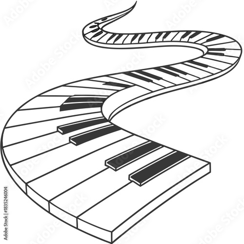 A winding flowing path made of piano keys curves and twists across a white background creating a musical journey concept