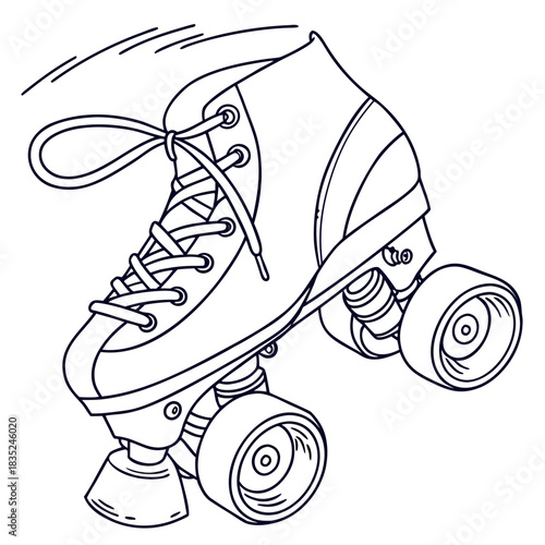 Retro quad roller skate in outline style with laces tied and motion lines indicating movement perfect for vintage sports and recreation graphics