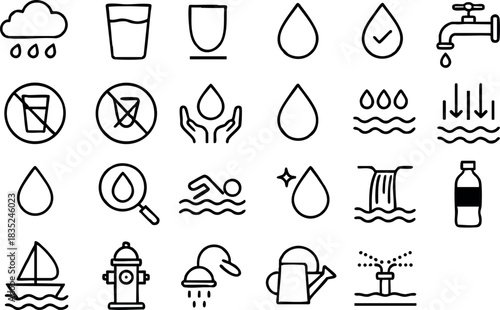 Monoline icon set showcasing close-up top view of twenty four black water and plumbing symbols including faucet bottle waterfall sailboat in minimal flat line style