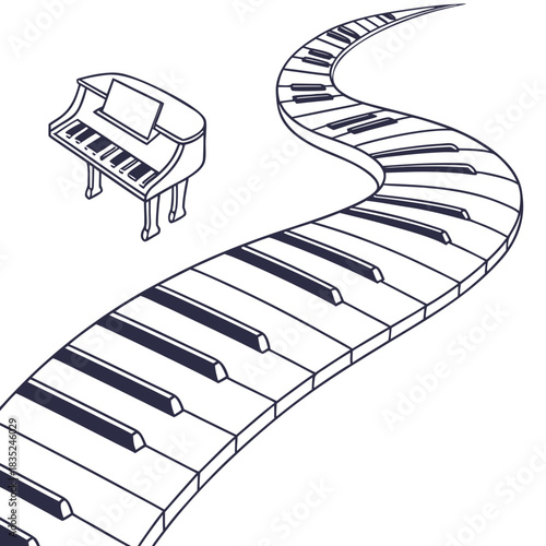 A whimsical illustration of a grand piano with a winding path of piano keys extending into the distance symbolizing musical journey and creativity