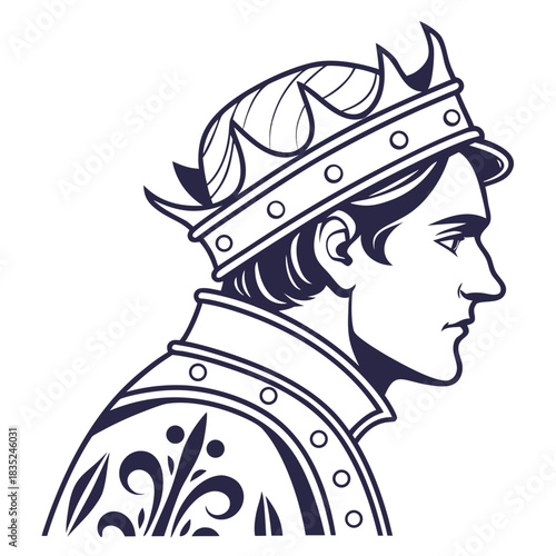 A regal king in profile wearing an ornate crown and decorated royal attire depicted in a bold graphic illustration style with clean lines and a dark blue silhouette against a white background