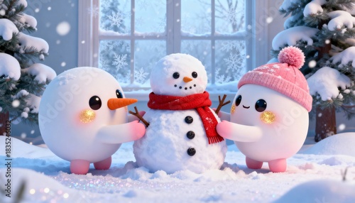 Children making a snowman in fresh snow, playful and joyful winter activity, perfect for winter, holiday, seasonal, family, and outdoor photography, illustration, or festive projects.