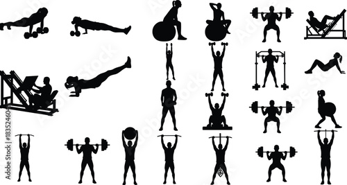 Extensive gym workout vector silhouette set, showing people performing weight lifting, squats, push-ups, and exercises with fitness equipment, great for health and training designs.