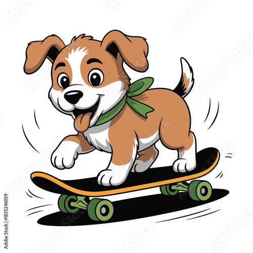 Adorable cartoon puppy dog happily riding a skateboard.