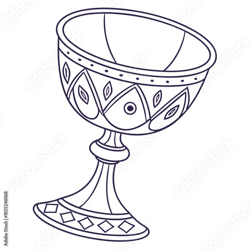 A stylized line art drawing of an ornate chalice with decorative patterns on its bowl and base presented on a clean white background