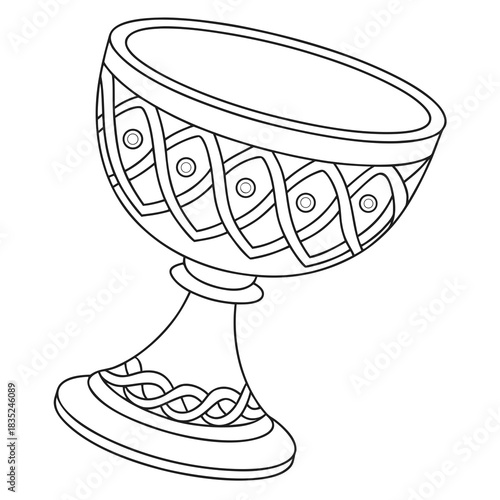 An antique chalice with intricate celtic knotwork and circular patterns adorning its bowl and base presented as a simple black and white line drawing