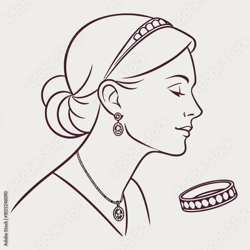 Elegant woman profile illustration wearing a pearl headband dangling earrings and a pendant necklace with a matching ring nearby showcasing refined style and classic beauty