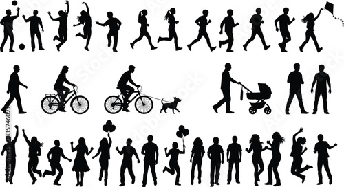 Extensive Collection of People Silhouettes Engaged in Running, Cycling, Playing, Jumping, and Leisure Activities, Illustrating Active Lifestyle, Fitness, Family Fun, and Outdoor Recreation