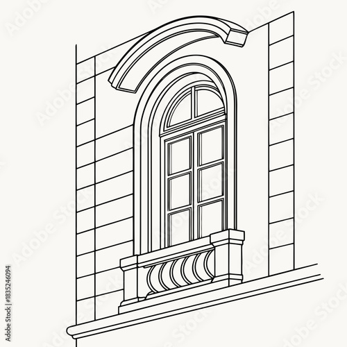 Architectural drawing of a classical arched window with a decorative balcony and stone facade rendered in clean black and white line art for design inspiration