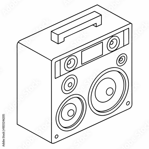Isometric line art illustration of a portable boombox speaker system with multiple drivers and a carrying handle isolated on white background