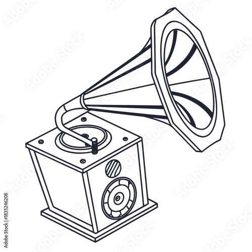 A simple line drawing illustration of an antique gramophone with a large horn and a square base featuring a speaker and turntable mechanism