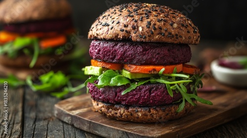 A burger with bright vegetables and seeds on a bun highlights healthy gastronomic trends, creating an appetising backdrop for culinary blogs or healthy eating advertisements.