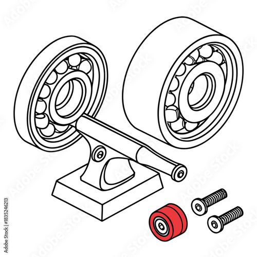 Exploded view isometric line art illustration of skateboard truck components including wheels bearings and hardware on a white background