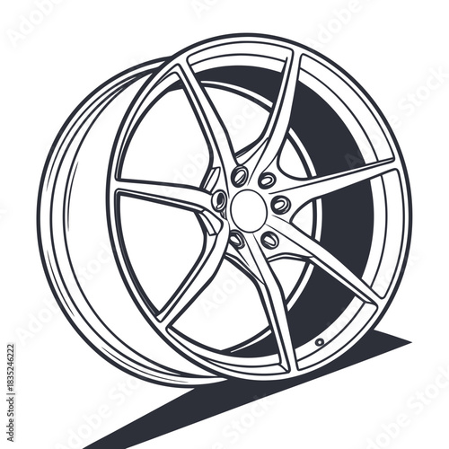 A sleek modern five spoke alloy wheel design rendered in a clean graphic line art style with a dark shadow on a white background