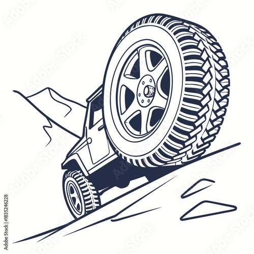 Stylized line art illustration of a rugged off road vehicle climbing a steep sandy dune with a large aggressive tire showing its tread pattern