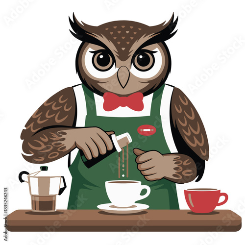 Anthropomorphic owl barista preparing a coffee drink with syrup.