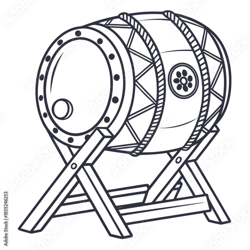 A traditional islamic drum known as a bedug or gendang is depicted in a simple black and white line drawing on a white background resting on its wooden stand