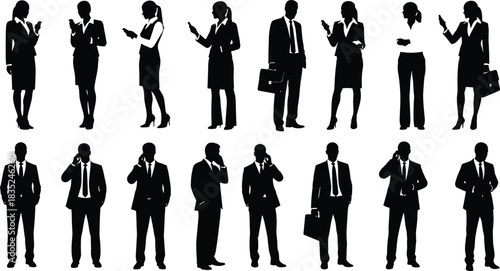 Extensive Set of Business People Silhouettes Using Mobile Phones and Holding Briefcases, Representing Corporate Communication, Networking, Professional Life, and Executive Staff Vector Collection