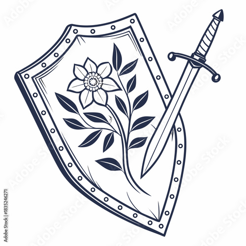 A stylized heraldic crest featuring a medieval shield adorned with a delicate floral motif and a crossed sword symbolizing protection and nature s beauty