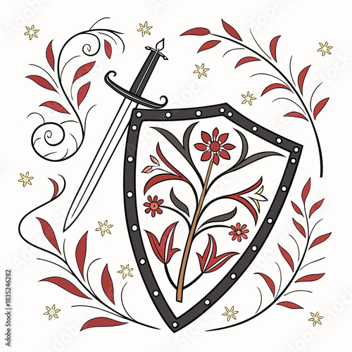 A medieval shield and sword adorned with intricate floral designs and swirling vines set against a clean white background with delicate scattered flowers