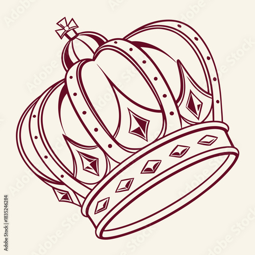 Elegant royal crown illustration with intricate details and a rich burgundy outline against a soft cream background symbolizing power and prestige