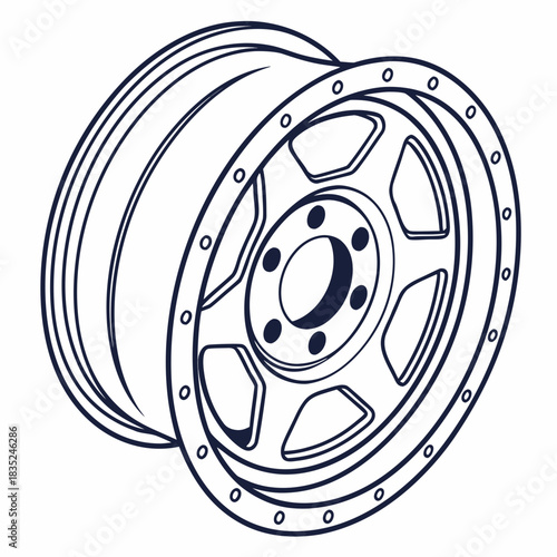 A detailed outline drawing of a classic off road vehicle wheel rim with a multi spoke design and bead lock style bolt pattern on a white background