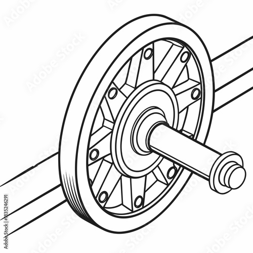 A detailed black and white line drawing illustration of a spoked wheel with a central hub and axle representing mechanical engineering and industrial design concepts
