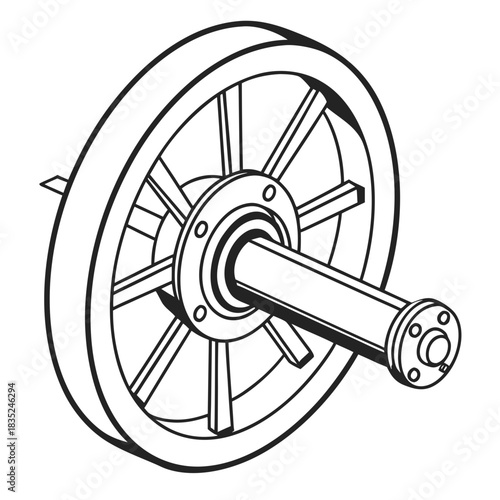A detailed black and white line drawing illustration of a classic spoked wheel with a central axle and flange presented in isometric perspective
