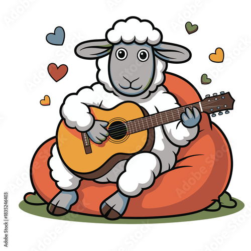 Cartoon sheep playing acoustic guitar on a beanbag chair.