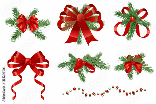 Collection of festive red bows and green pine branches for christmas decorations