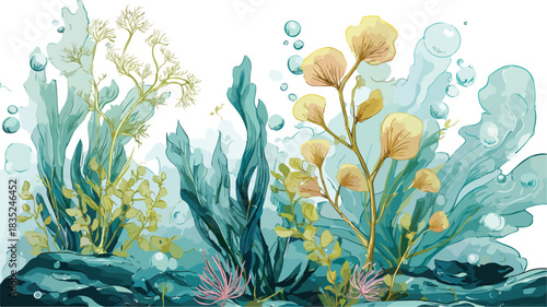 Vibrant Underwater Plants and Bubbles - Marine Life Illustration