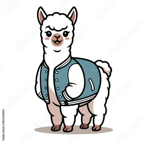 Cute cartoon alpaca wearing a stylish bomber jacket illustration.