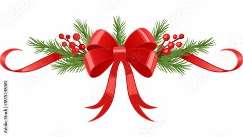 Festive red bow with pine branches and holly berries for christmas decoration