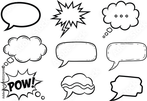 HandDrawn Speech Bubbles with POW! Message, Variety of Shapes on White Background