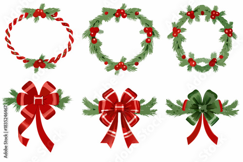 Collection of christmas wreaths and bows with berries and pine needles