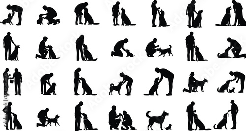 Extensive Silhouettes of People Interacting with Dogs, Illustrating Pet Care, Training, Affection, Bonding, Ownership, and the Strong Human-Animal Relationship for Veterinary and Wellness Use.
