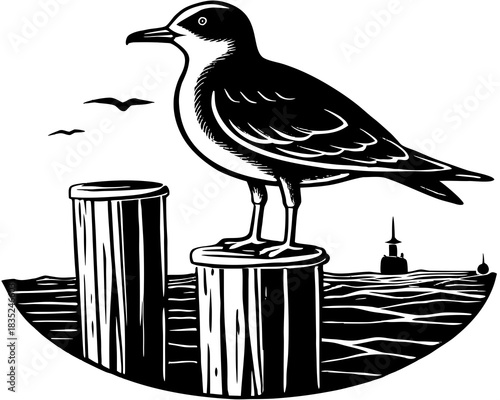Black and white illustration of a seagull perched on a wooden post by the sea