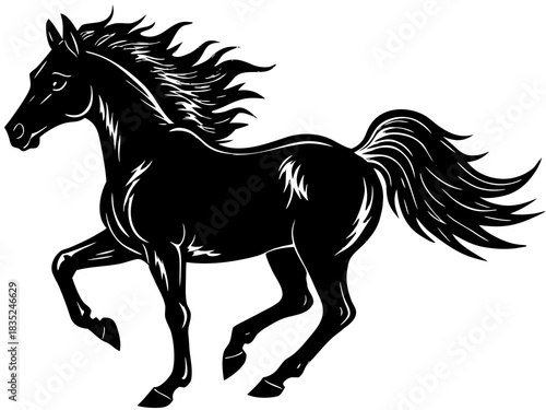 Majestic black horse galloping with flowing mane and tail