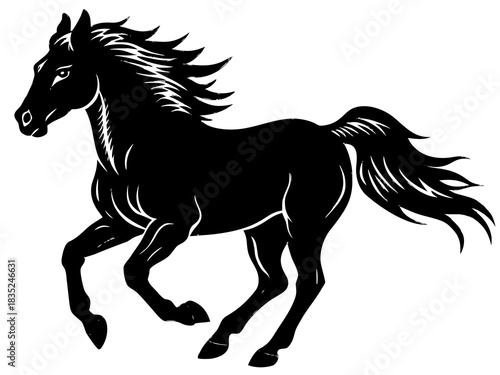 Silhouette of a powerful black horse running with mane and tail flowing