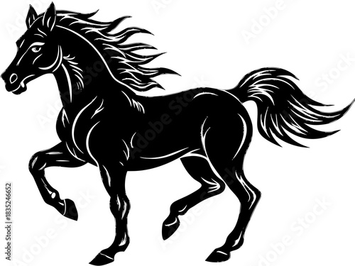 Black horse in motion with flowing mane and tail