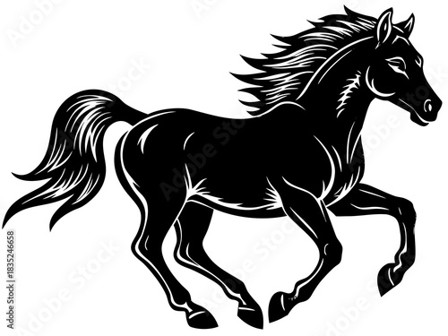 Black silhouette of a powerful horse running at full speed