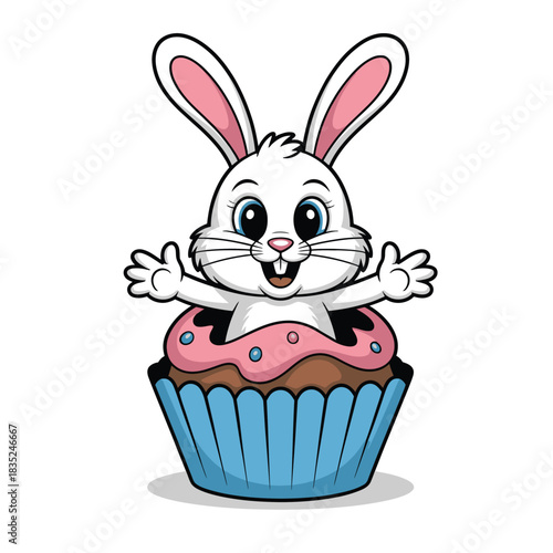 Cute cartoon bunny emerging from a delicious frosted cupcake.