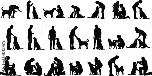 Extensive Silhouettes of People Interacting with Dogs, Illustrating Pet Care, Training, Affection, Ownership, and the Strong Emotional Bond, Ideal for Veterinary and Animal Welfare Topics