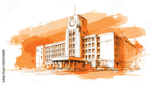 Detailed Drawing of Grand Building with Clock Tower in Orange and White
