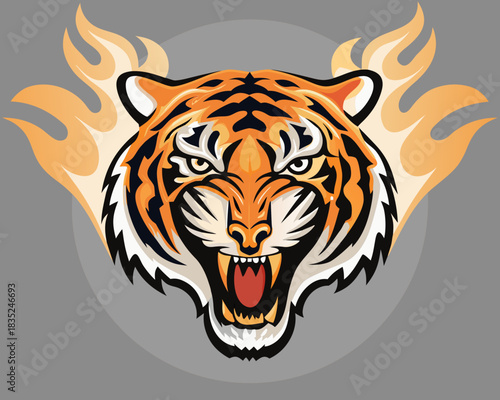 Fierce tiger head with flames illustration