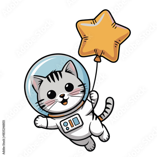 Cute cartoon cat astronaut floating in space holding a golden star balloon.