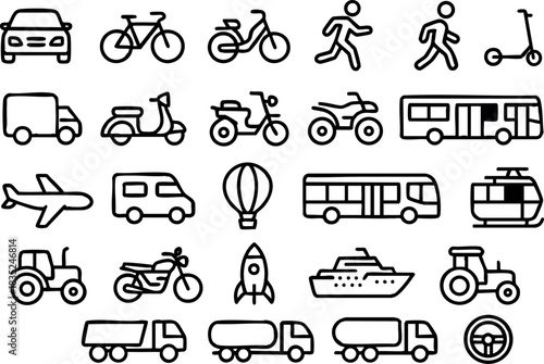 Line icon set with black stroke transport icons arranged in neat grid showing car bicycle motorcycle scooter bus airplane ship rocket tractor tanker walking figures monochrome