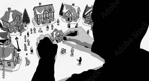 Silhouette of a person from behind creating a miniature town model.