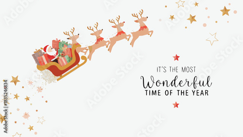 Santa claus sleigh ride with reindeer and gifts and wonderful time of year text